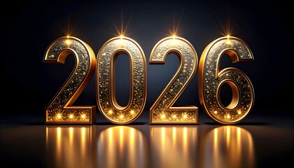 Glowing golden numerals 2026 illuminated against a dark background, reflecting light