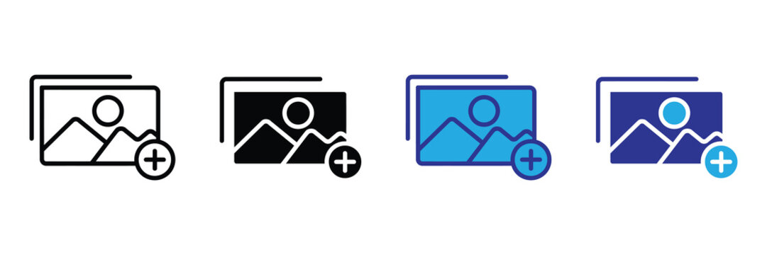 Vector illustration icon collection of four different colored icons representing image upload or addition to a digital platform on a set icon isolated on