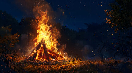 Outdoor bonfire burning in forest nature with falling rain sparks for lohri celebration concept illustration, traditional indian winter festival at night with glowing warm fire light