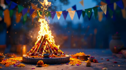 Festive bonfire setup with colorful flags and food offerings for lohri festival celebration outdoors, traditional indian winter festival at night with glowing warm fire light