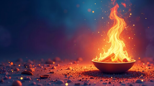 Conceptual burning fire flame in bowl on ground for lohri festival celebration background wallpaper, traditional indian winter festival at night with glowing warm fire light - Powered by Adobe