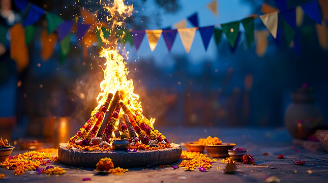 Festive bonfire setup with colorful flags and food offerings for lohri festival celebration outdoors, traditional indian winter festival at night with glowing warm fire light
