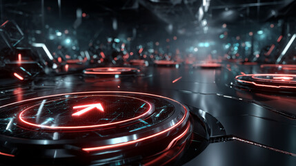 3D rendering of glowing neon arrows on a black background. Flashing direction indicators. Futuristic laser background