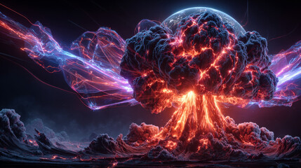 3D rendering of explosion, smoke, shock wave and divergent waves, isolated on black background. View of the camera from the top	