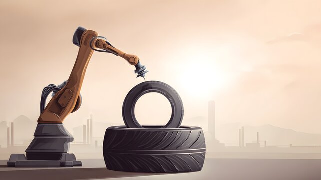 Robotic Arm Inspects Retreaded Tire Highlighting Precision Technology Innovation Industrial Art