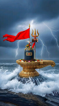 Divine shiva lingam placed in ocean waves with red flag and trident under stormy sky for mahadev and maha shivratri dramatic spiritual scenery art
