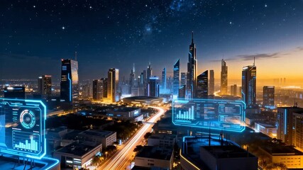 Futuristic cityscape with glowing skyscrapers - Powered by Adobe