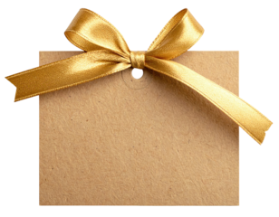 Kraft tag with gold ribbon. Isolated against black