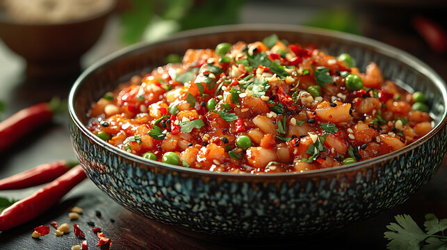 Fusion design of chili relish in ornate Thai dish with bold branding layout in frame 