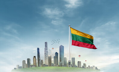 Lithuania  national flag waving with modern cityscape. A beautiful national flag poster. Lithuania national flag for independence day.