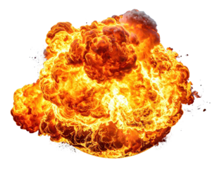 Blazing explosion, vivid orange flames against black