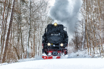 Selketalbahn in Winterlandschaft im Harz