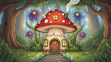 A whimsical red mushroom house with windows and a door situated in a magical glowing forest surrounded by flowers