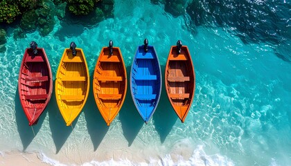  colorful wooden boats floating on clear turquoise ocean water