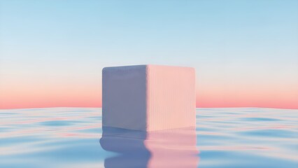 Two geometric structures floating in a tranquil, pastel-colored ocean