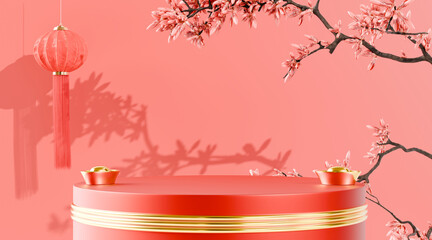 Chinese new year podium background with pink cherry blossoms and lantern. 3D rendering
