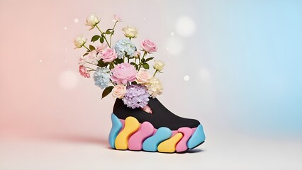 Creative sneaker vase holding delicate flowers