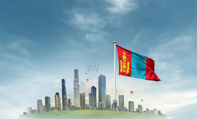 Mongolia national flag waving with modern cityscape. A beautiful national flag poster. Mongolia national flag for independence day.