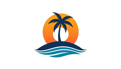 vector illustration of a tropical island logo with palm tree, sunset on the island. Summer vacation icon. summer beach icon