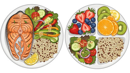 An illustration of two balanced meal plates featuring grilled salmon steak, quinoa, fresh garden salad, and a variety of fruits like strawberries, blueberries, kiwi, and oranges