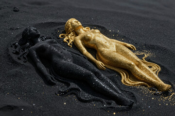 Obraz premium Abstract representation of duality with golden and obsidian feminine forms.