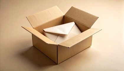 Open Cardboard Box Revealing White Envelopes Inside With Soft Lighting On A Neutral Background