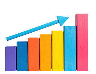 Colorful blocks form upward graph with blue arrow
