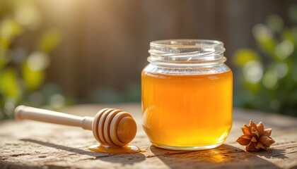 Sunlit jar of golden honey, with a wooden honey dipper beside it, sits on a rustic wooden surface.Blurred background