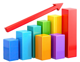 Colorful chart showing growth with red arrow