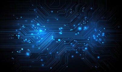 Illuminated electronic circuit board with pathways and glowing elements on a dark blue background