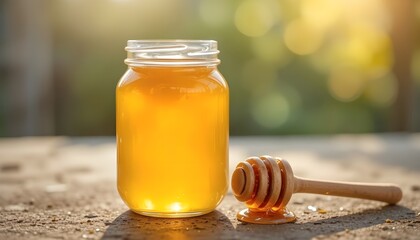 Sunlit jar of golden honey, with a wooden honey dipper beside it, sits on a rustic wooden surface.Blurred background