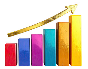 Colorful bars with a gold arrow pointing upwards on black