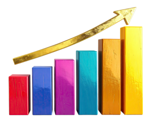 Colorful bars with a gold arrow pointing upwards on black