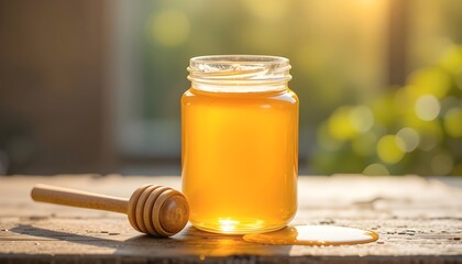 Sunlit jar of golden honey, with a wooden honey dipper beside it, sits on a rustic wooden surface.Blurred background