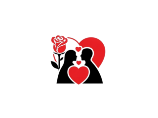 A red silhouette of a couple kissing with a rose and hearts on a transparent background