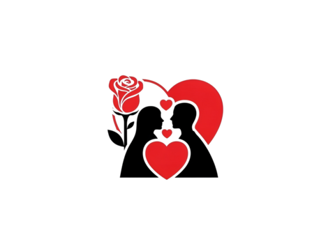 A red silhouette of a couple kissing with a rose and hearts on a transparent background - Powered by Adobe