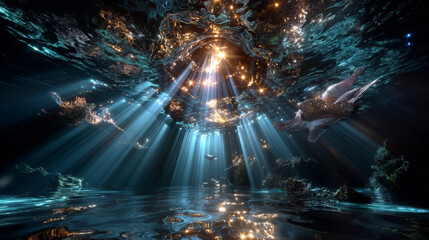 3D rendering of rays of sunlight shining from above, penetrating deep clear blue water, resulting in a beautiful water curtain reflecting light