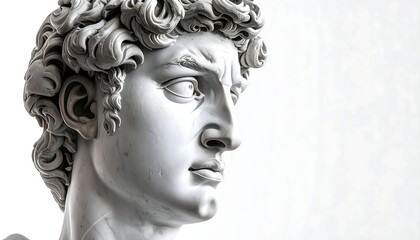 Renaissance-era male marble bust in profile on a white background