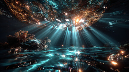 3D rendering of rays of sunlight shining from above, penetrating deep clear blue water, resulting in a beautiful water curtain reflecting light