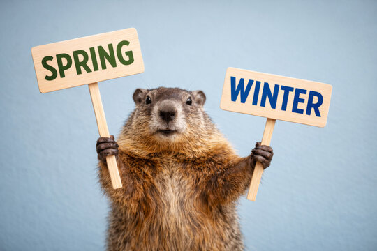 Groundhog holding spring and winter signs on blue background, Groundhog Day weather prediction concept.