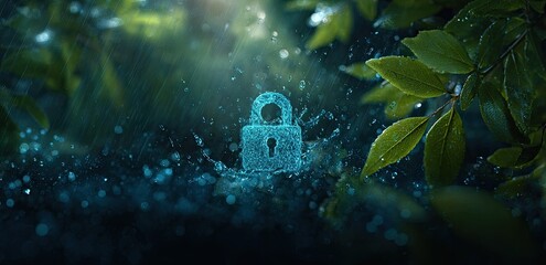A digital lock floats in water, surrounded by green leaves, creating a surreal and protective scene