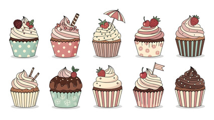 A set of ten different illustrated cupcakes with various toppings like strawberries cherries and chocolate sticks on a white background