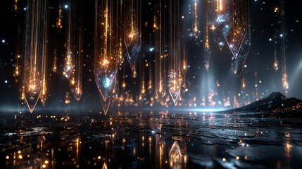 3D rendering of smoothly falling particles and bokeh from the stream of soft magical top light. Bright and shiny particles isolated on a black background