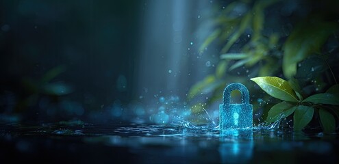 A glowing digital padlock amidst foliage, water droplets, and ambient blue light in a nature scene