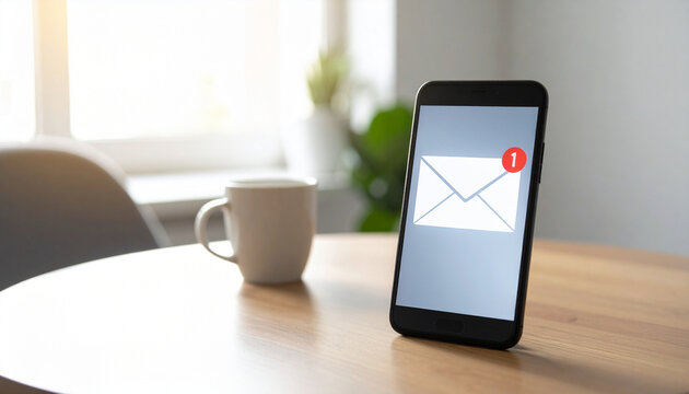 Smartphone envelope icon notification message alert wooden table white mug natural light modern interior communication digital technology suspicious warning morning - Powered by Adobe