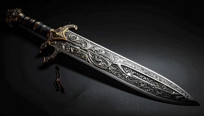 Ornate ceremonial dagger with golden hilt and intricate silver blade patterns on a dark background with dramatic lighting