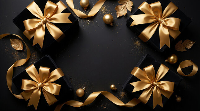 블랙 배경의 골드 리본 선물 상자 프레임. 카피스페이스 배경. Luxury Black and Gold Gift Frame Background.