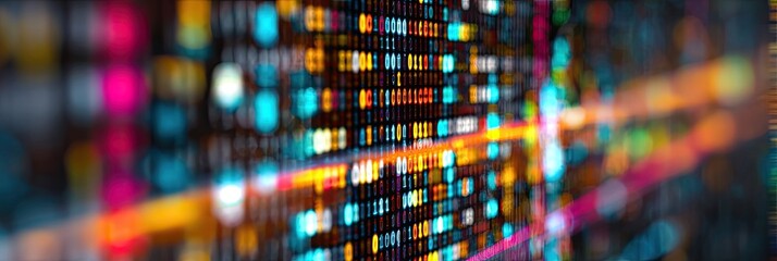 A vibrant, abstract digital art composition with bright light flares, and a grid-like element