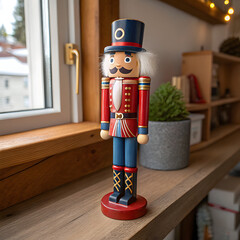 Traditional nutcracker figure standing on wooden shelf by window in cozy interior decor