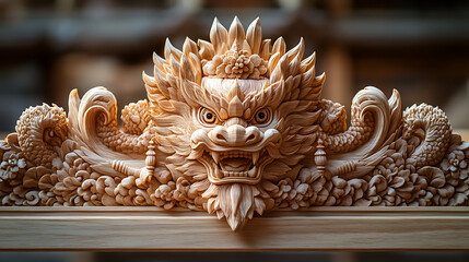 Detailed carving of Thai mythical creature integrated into a symmetrical logo crest 